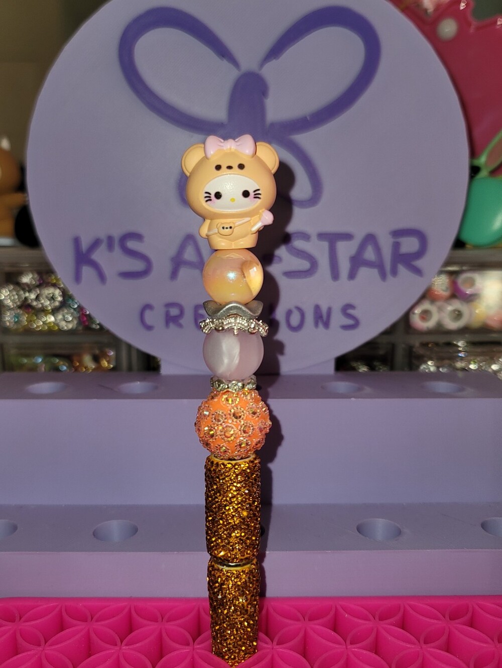 Custom made Orange Glitter Beaded Pen with Hello Kitty Topper